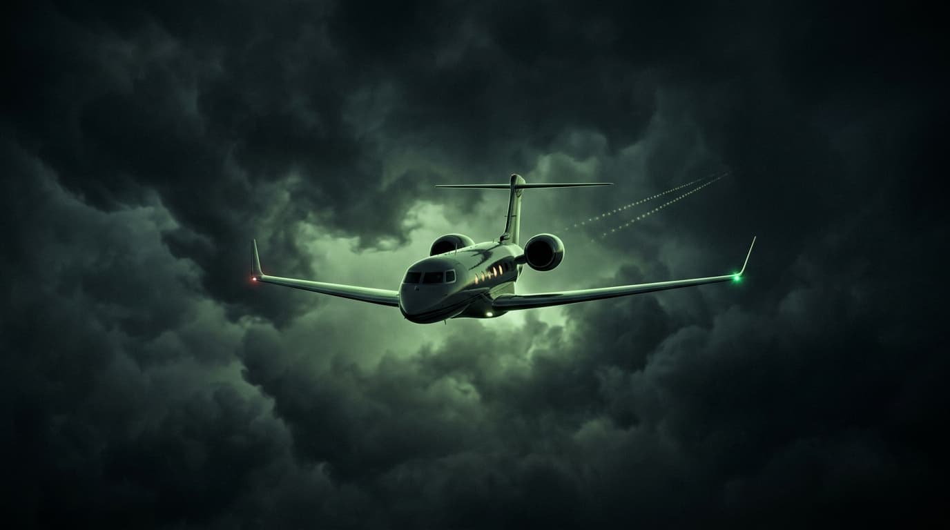 A jet flying head-on through dark green storm clouds, its wingtip lights on and a dotted trail behind it.