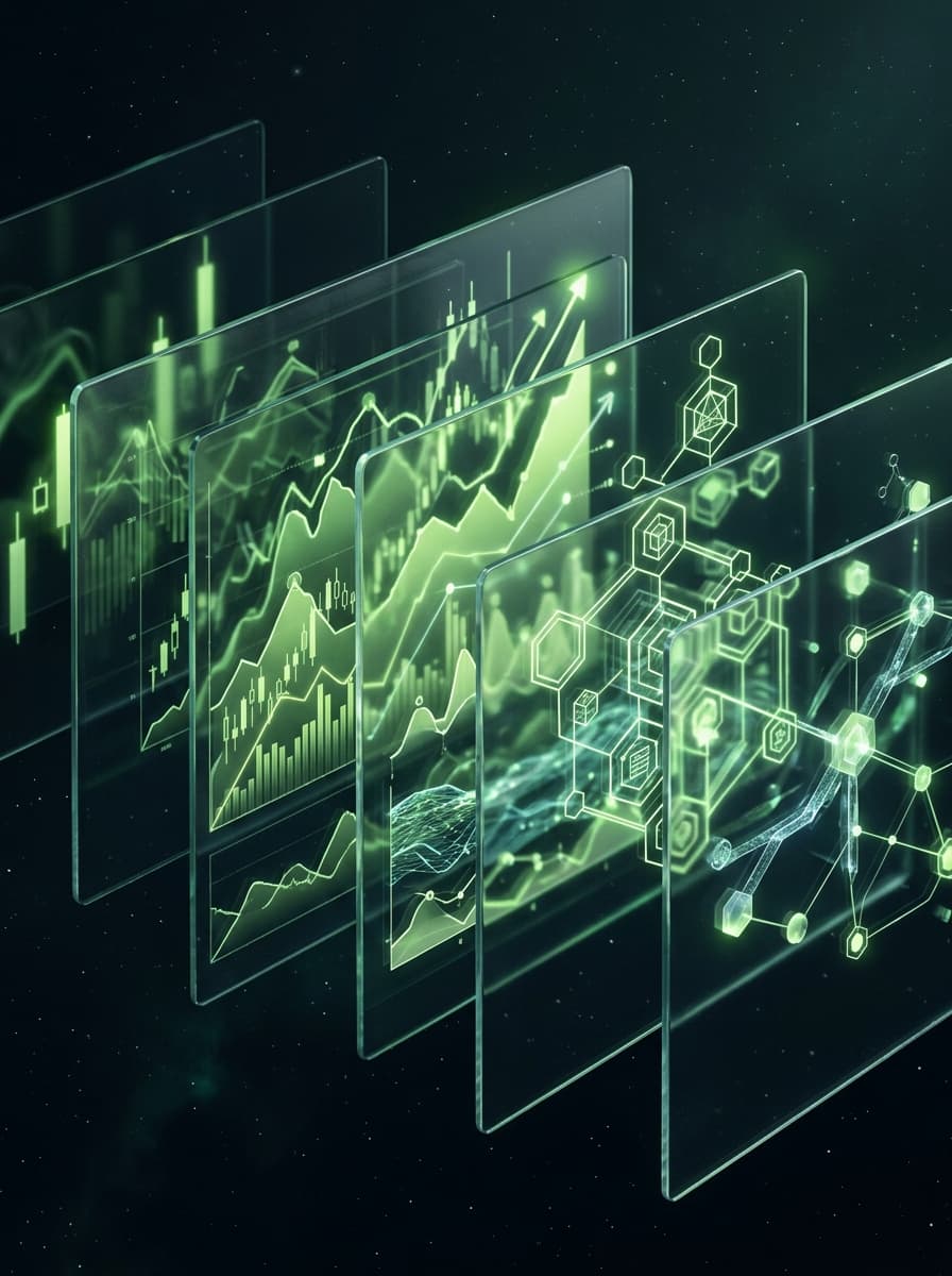 Layered glass panels showing market charts that turn into a network of connected blocks.
